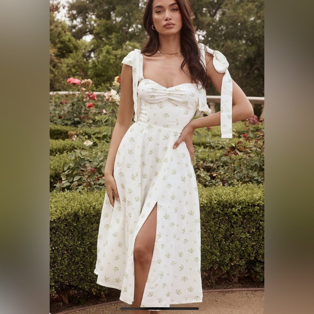 House of CB White Midi Dress with Green Floral Print and Tie Shoulders